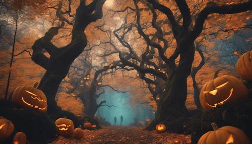 A whimsically haunted forest, sky pierced by eerie yet charming trees, inhabited by grinning jack-o-lanterns and glowing mythical creatures.