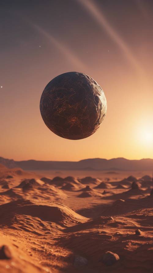 A alien sun setting on a desert-like exoplanet.