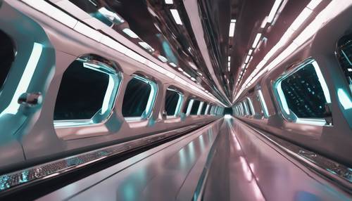 Monorel ramping berkecepatan tinggi meluncur melalui terowongan bercahaya di kota futuristik yang luas.