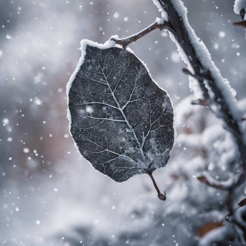 Ein schwarzes Blatt im ersten Schneefall des Jahres, das einen schönen Kontrast zum makellosen Weiß bildet.
