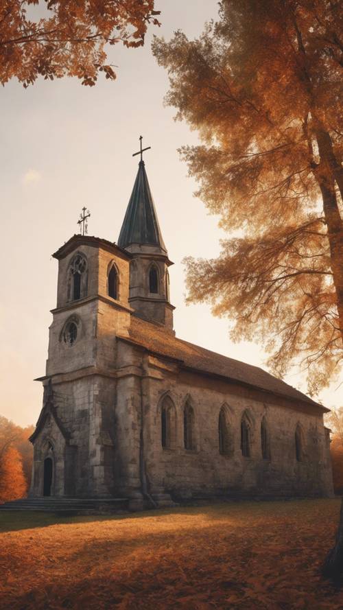 穏やかな秋の夕焼けがそよ風に揺れる木々に囲まれた数百年前の石造りの教会を照らす