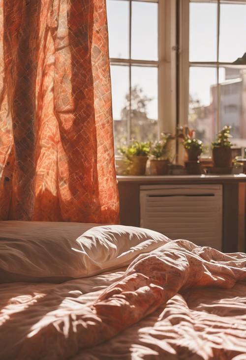 A brightly lit bedroom with tie-dye curtains glowing in the afternoon sun.