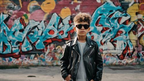 Un ragazzo simpatico con una giacca di pelle e occhiali da sole, in piedi accanto a un muro coperto di graffiti con uno skateboard in una mano.