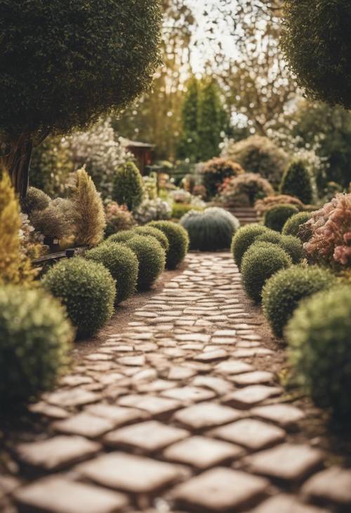 Un jardin avec des allées bordées de briques crème fraîchement posées