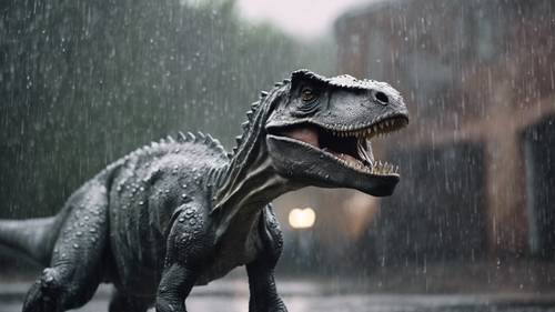 Zmoczony deszczem szary dinozaur potrząsa ciałem, aby zrzucić krople.
