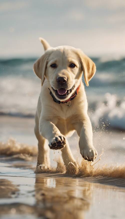 Foto indah anak anjing Labrador Retriever kuning dengan seringai menggemaskan, bermain-main di pantai berpasir, dengan latar belakang deburan ombak.