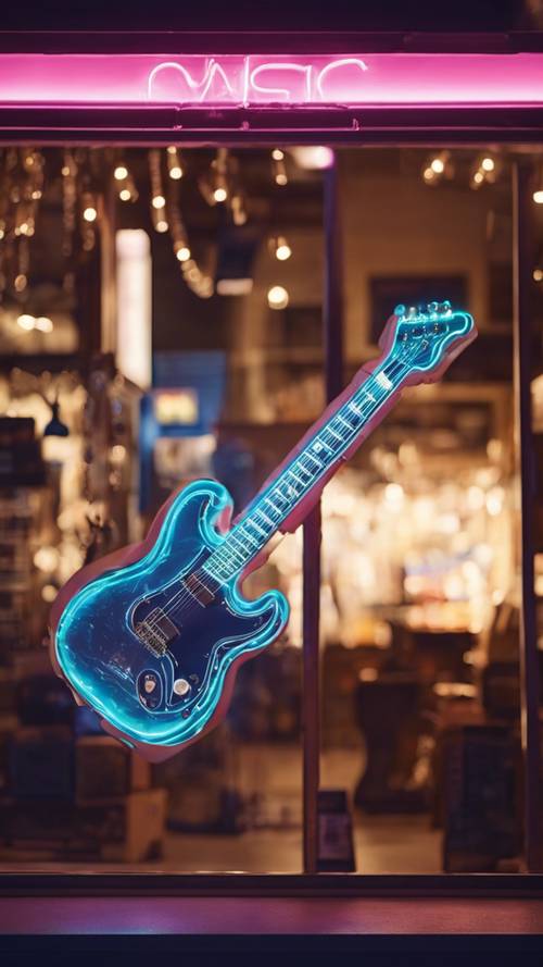 Un cartello luminoso con chitarra elettrica al neon appeso nella vetrina di un negozio di musica di notte.