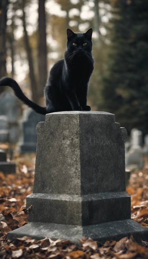 A jet black cat glaring menacingly from atop a shadowed tombstone in a haunted cemetery. Тапет [74201a0d8d1144efbb7e]