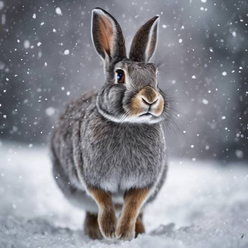 Ein graues Kaninchen mit funkelnden Augen, das im frischen Schneefall herumhüpft.