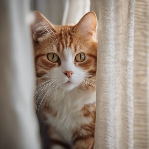 A playful red and white striped tabby cat, curiously peeking out from behind a curtain.