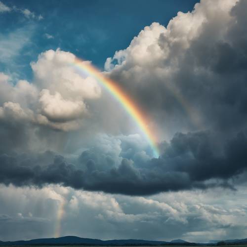 Ein klassisches Bild eines magischen blauen Regenbogens, der erscheint, wenn sich die Gewitterwolken auflösen.