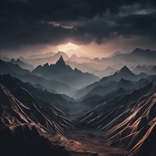 Una escena surrealista que representa montañas geométricas oscuras bajo un cielo con poca luz. Fondo de pantalla [73b6418a0abb4a789cf1]