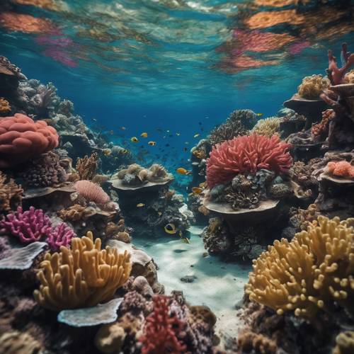Wciągający widok na podwodną rafę koralową wypełnioną egzotycznym życiem morskim i tętniącymi życiem koralowcami”.