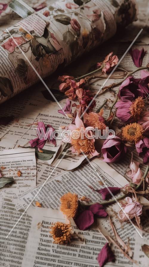 زهور عتيقة على طباعة صحيفة قديمة
