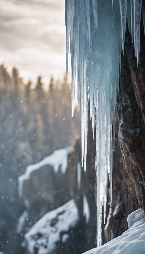 Ein gefrorener Wasserfall, der wie eine gewaltige Eisskulptur vor einer Winterkulisse aufragt. Hintergrund [ec106a2e60584c00a39c]