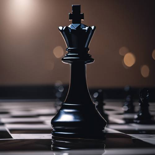 Bidak catur tunggal berwarna hitam minimalis di atas papan catur gelap mengkilap di bawah cahaya lembut dan redup.