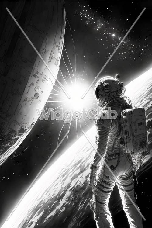 輝く星と宇宙飛行士　壁紙