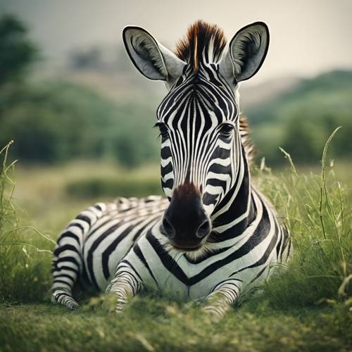 Uma zebra deitada num terreno verde, de barriga cheia depois de um saboroso pasto.