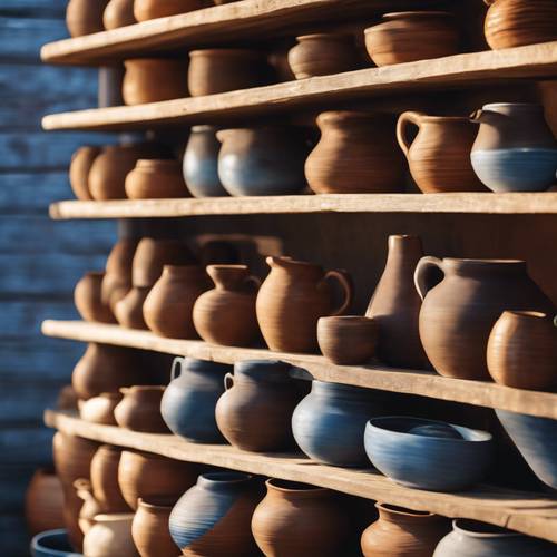 Blue and brown pottery lined up on a wooden shelf, catching the setting sun's light.