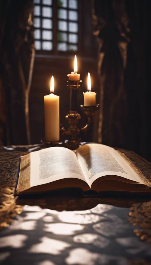 An open book on a dark damask covered table, illuminated by a nearby candle.