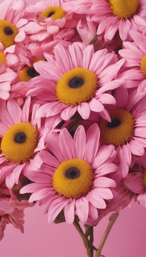 부드러운 분홍색 배경에 큰 눈과 웃는 얼굴을 가진 카와이 꽃의 생동감 넘치는 꽃다발입니다.