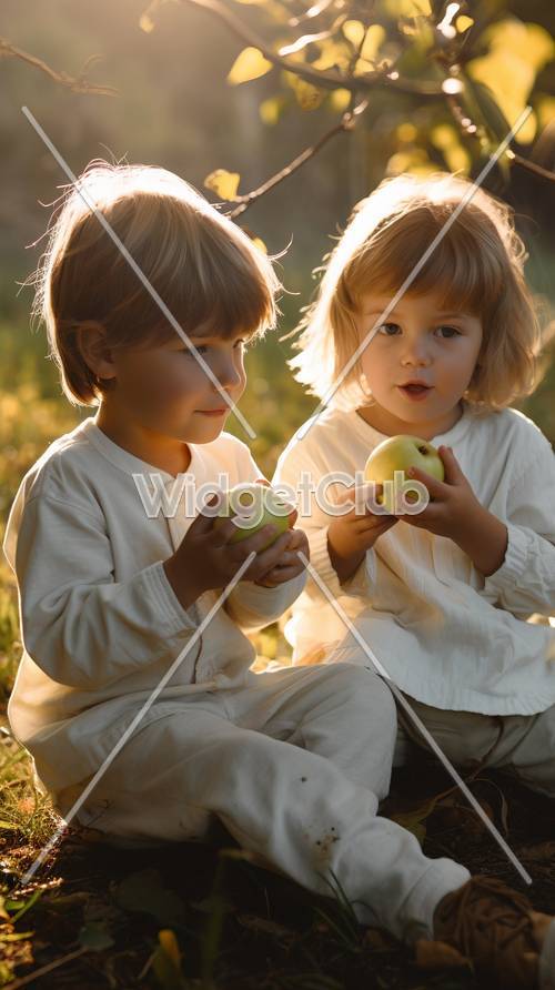 طفلان صغيران يتقاسمان التفاح في الطبيعة المضاءة بنور الشمس