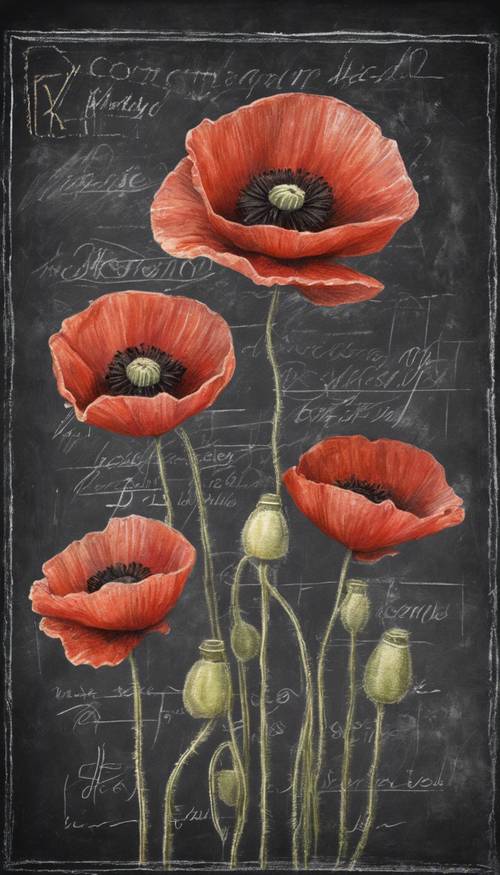 A vintage postcard featuring chalk-drawn poppies on a chalkboard background.
