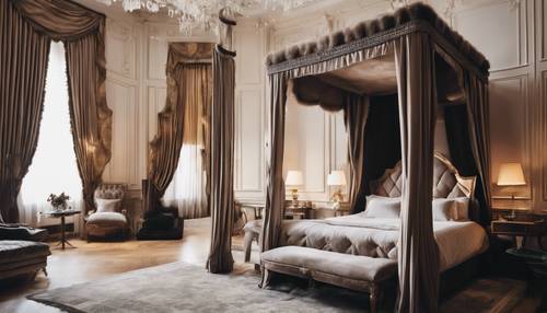 An opulent four-poster bed with lavish velvet curtains and a plush feather duvet in a grandly furnished bedroom
