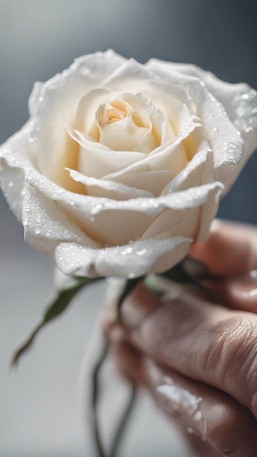 A single pristine white rose gently held in a woman's hand.