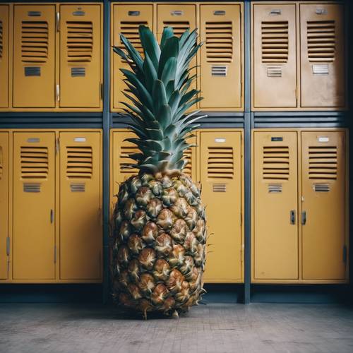 Una piña con una chaqueta vintage, apoyada en un casillero en el pasillo de una vieja escuela.