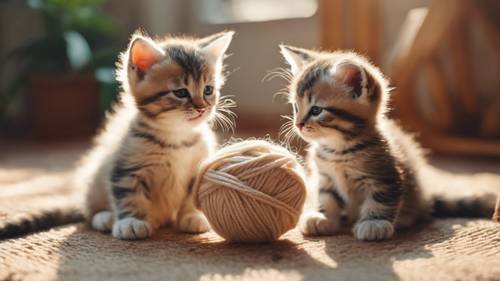 Lindos gatitos jugando con una bola de lana en un entorno cálido y acogedor.