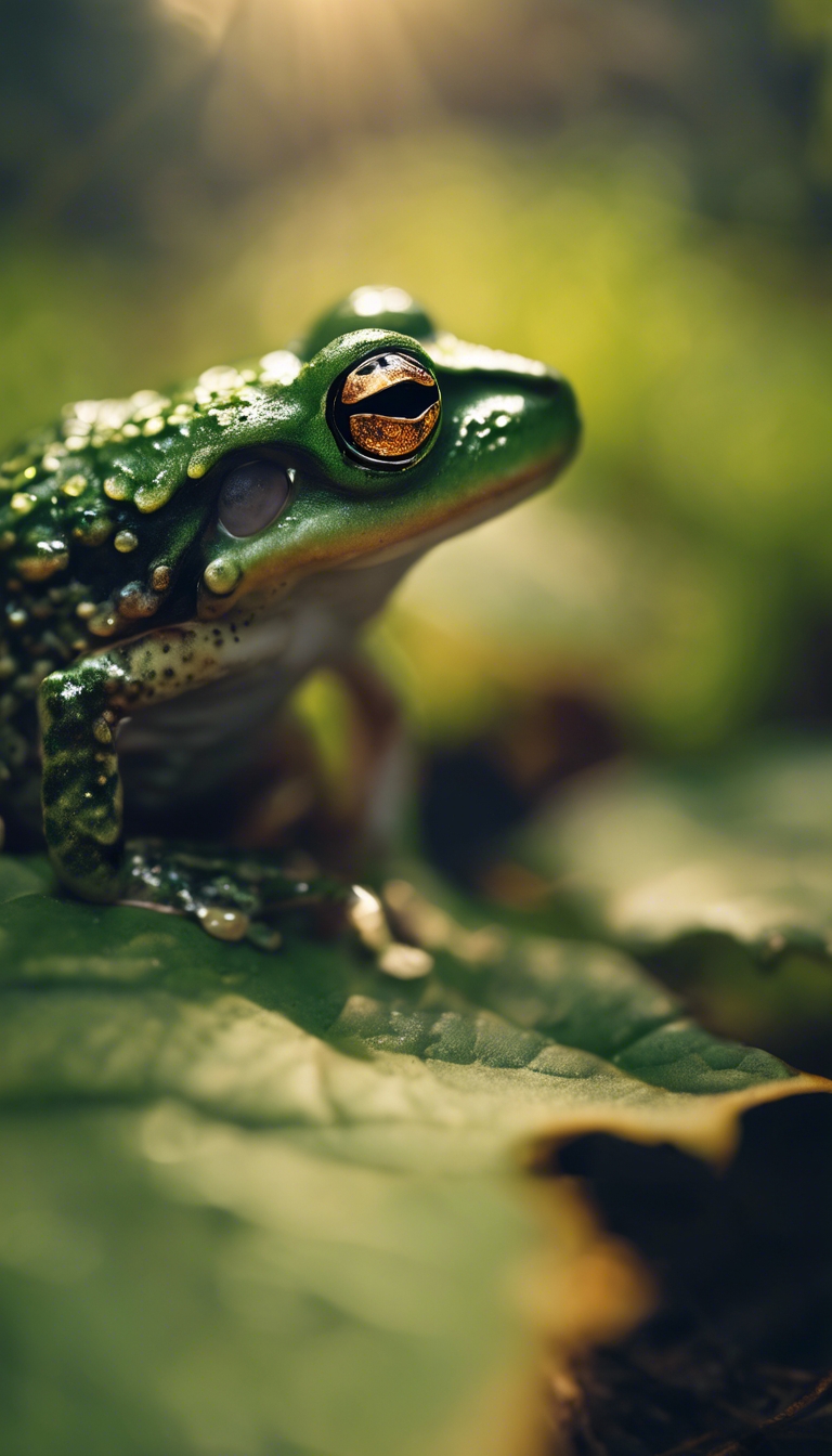 A small frog with golden eyes resting on a leaf in a dense green forest. Tapet[0cbca21b4b8b42bc87a1]
