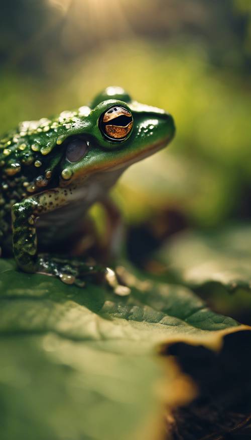 Seekor katak kecil dengan mata emas bersandar pada daun di hutan hijau lebat.