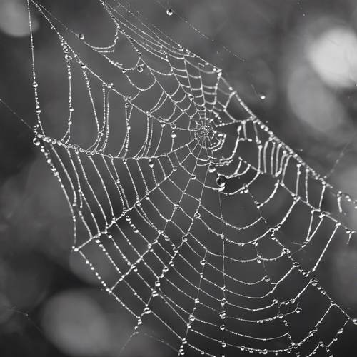 Yaprakların ortasındaki örümcek ağının üzerine çiy damlalarının gri tonlamalı bir fotoğrafı.