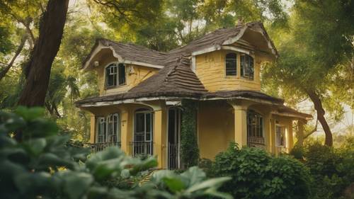 Mały żółty dom położony wśród bujnej zieleni drzew w popołudniowym świetle.