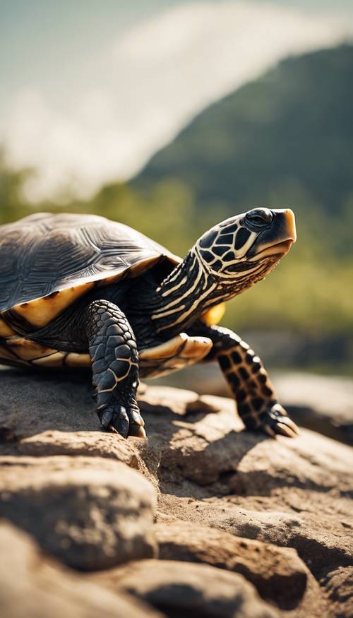 Uma tartaruga amigável e brincalhona se aquecendo ao sol da manhã em uma rocha.