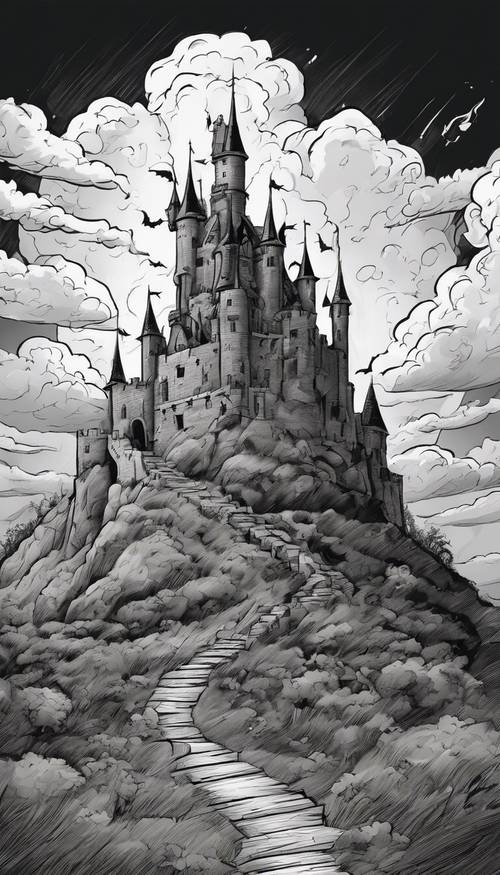 Eine Cartoon-Skizze eines gruseligen schwarzen Schlosses auf einem Hügel unter einem stürmischen Himmel.