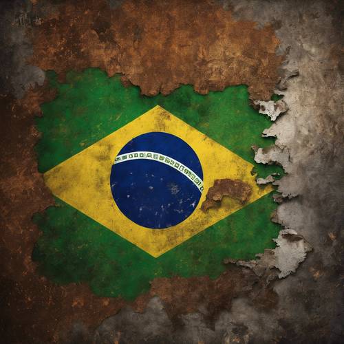 Brazilian flag drawn in grunge style, on an old, rusted metal background.