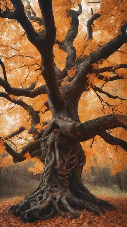 An old, twisted tree in the heart of a fall forest, its leaves vibrant oranges and yellows.