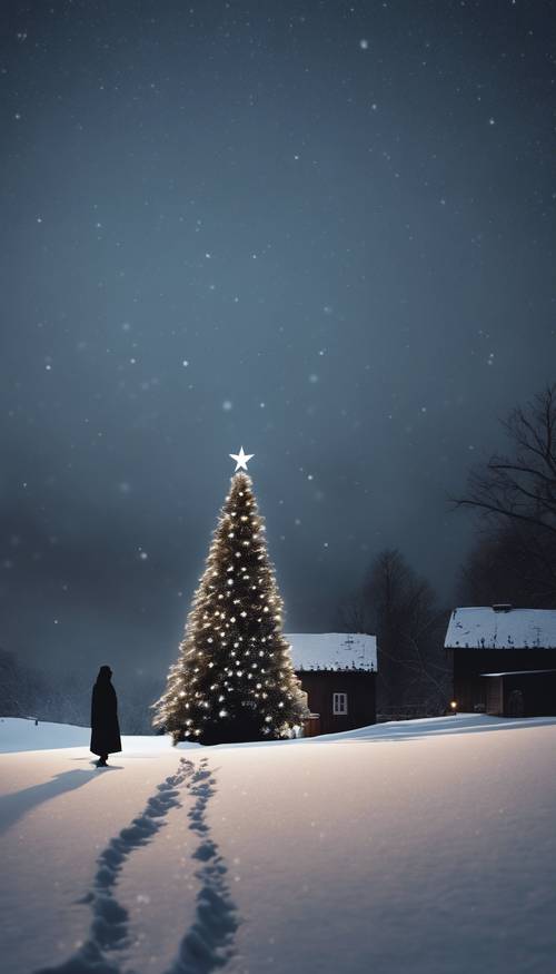 A quiet, snow-covered village, with dark silhouette figures observing a tall, shadowy Christmas tree under the star-lit sky.