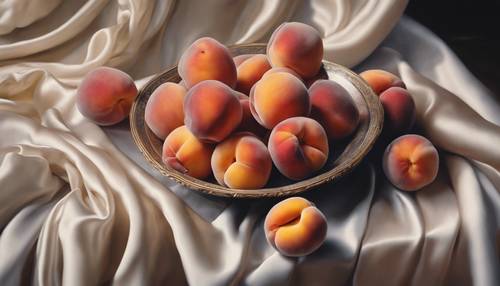 A Victorian-style painting of a bowl of ripe peaches on a silk draped table.
