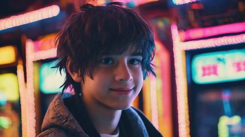 An emo boy with a hidden smile, eyes soft in the light of neon sign of an arcade game.