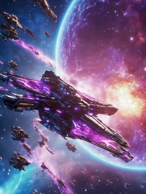 这是第一人称射击游戏中令人惊叹的银河太空飞船战斗场景，其中太空中出现了蓝色和紫色能量的漩涡。