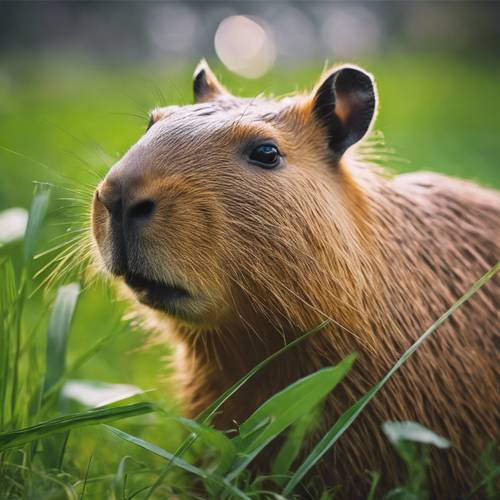 A capybara munching on fresh green blades of grass early in the morning.