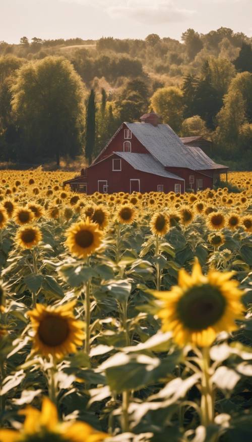 Ein Blick auf ein Sonnenblumenfeld in voller Blüte unter der strahlenden Sonne mit einem charmanten Bauernhaus in der Ferne. Hintergrund [bb6d4ff2b11e4de0bdae]