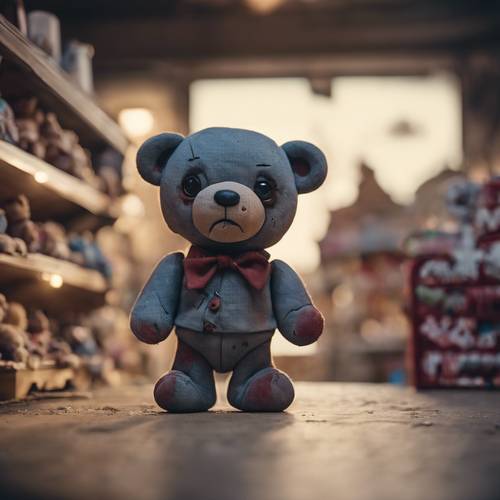 Ein süßer Zombie-Teddybär mit einem aufgenähten Lächeln steht in der Dämmerung allein in einem verlassenen Spielzeugladen.