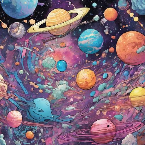 Dessin animé inspiré d&#39;un anime représentant une galaxie, rempli de couleurs vives et pastel.