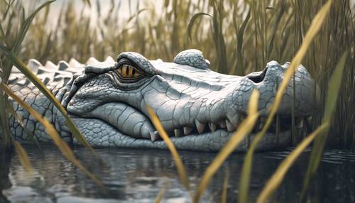 Une illustration d&#39;un crocodile blanc caché parmi les roseaux d&#39;un marais.