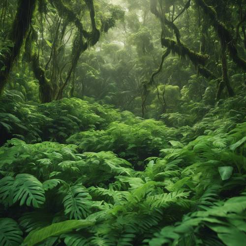 Море бесконечных зеленых листьев в густом тропическом лесу создает успокаивающий, пышный фон.