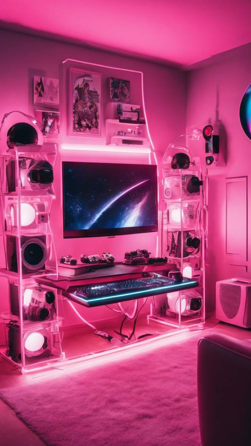 Uma sala de jogos chique iluminada por luzes LED neon, com papéis de parede rosa pastel e equipamentos de jogos combinando.